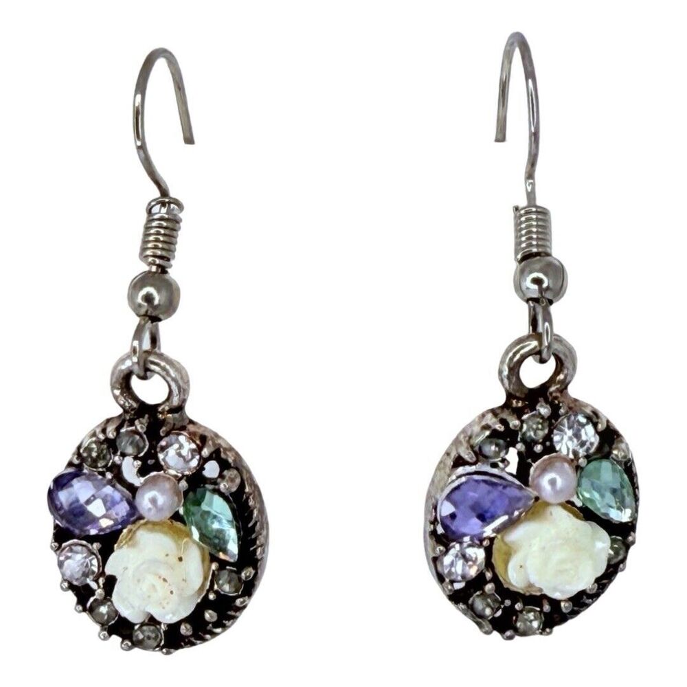 Silver Tone Rhinestone Flower Dangle Earrings 1"